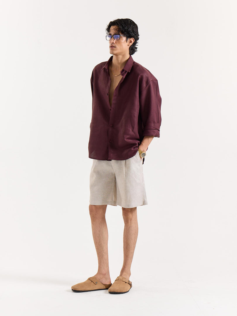 Wine Linen Cropped Shirt