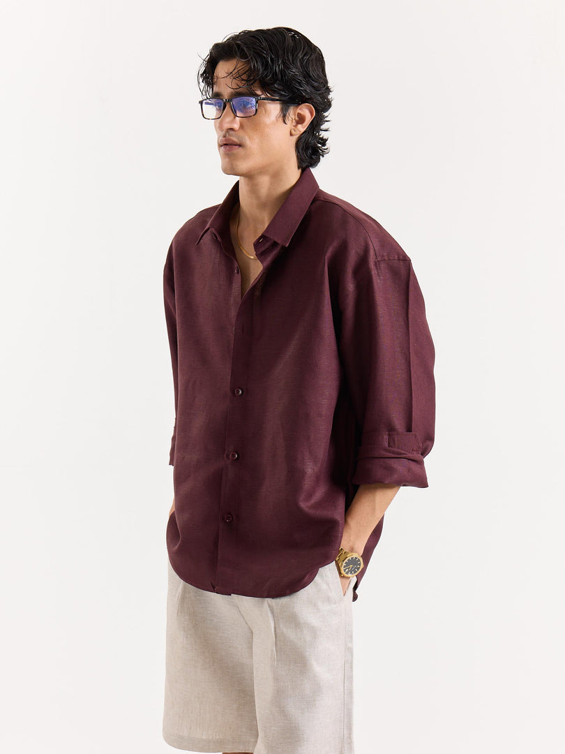 Wine Linen Cropped Shirt