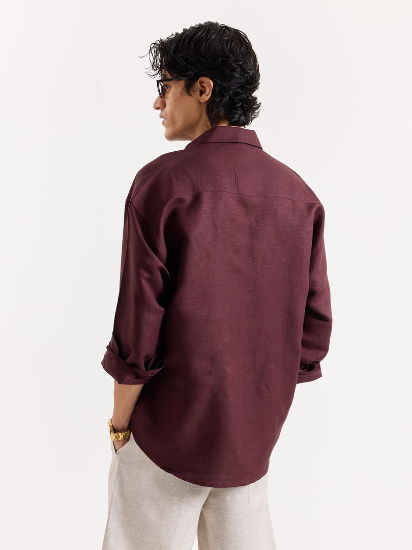 Wine Linen Cropped Shirt