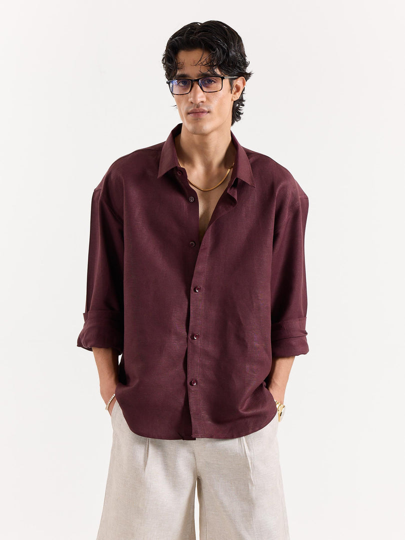 Wine Linen Cropped Shirt