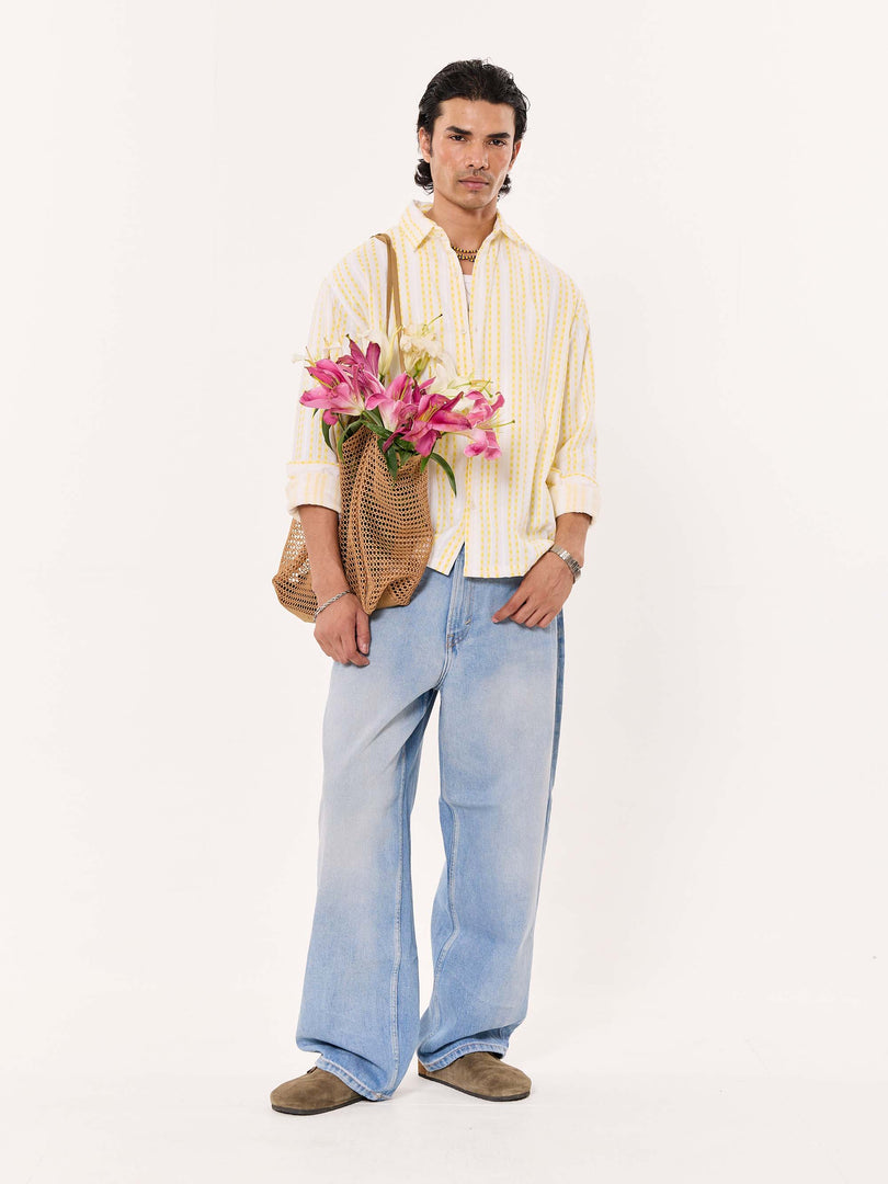 Yellow Woven Stripes Cropped Shirt
