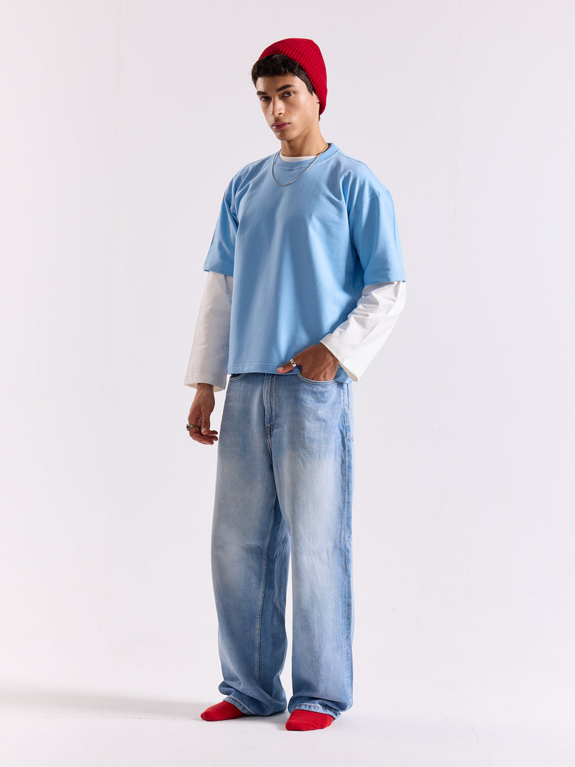 Powder Blue Loose Fit Cropped T-Shirt