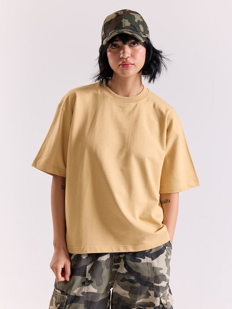 Beige Loose Fit Cropped T-Shirt