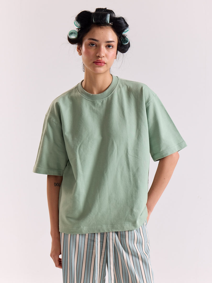 Aqua Green Loose Fit Cropped T-Shirt